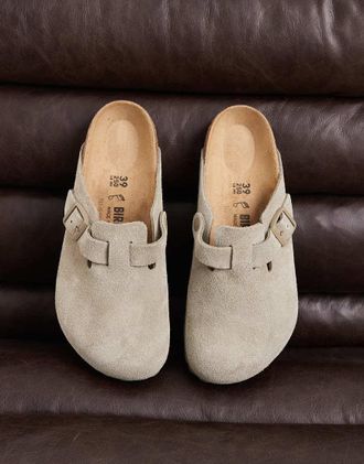 Birkenstock Boston sabot in camoscio kaki slavato-Verde