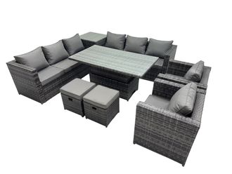 Fimous 10 Seater Outdoor Garden Rattan Furniture Set with Side Table 2 Stool in Dark Grey