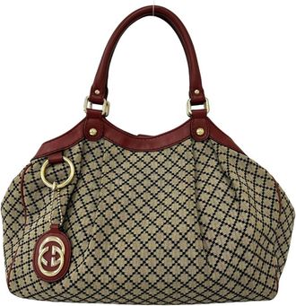 Gucci Beige Red Color Canvas Leather Handbag Shoulder Bag Tote Bag (Pre-Owned)