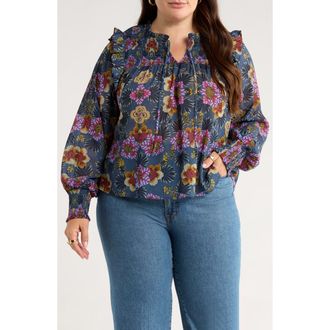 Treasure & Bond Floral Smocked Yoke Popover Top in Green Gables Blooming at Nordstrom Rack, Size 2X
