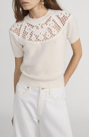 Frame Denim The Lace Gathered Cashmere Short Sleeve Sweater in Cream at Nordstrom, Size X-Small