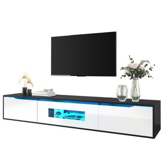 STILVORA Mueble Tv Con 2 Puertas Caladas Y Led Usb, Brillo Negro Y Blanco, Estilo Moderno, 180&times;35&times;30 Cm, En Mdf