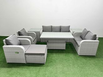 Fimous PE Rattan Garden Furniture Set Reclining Chair Sofa Double Love Seat 2 Seater Sofa Lounge Set Adjustable Lifting Dining or Coffee Table Big