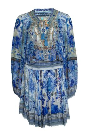 Camilla shirred relaxed short dress in blue