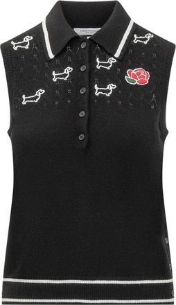 Thom Browne Merino Wol Pointelle Jersey Hector & Rose Mouwloze Polo - Dames - Polos - Zwart - L - Wol - Tops