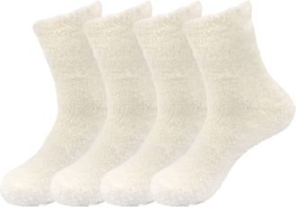 BambooMN Adult Super Soft Feather Light Cozy Fun Home Socks - 4 Pair Value Pack - Cream White - Medium (UK Size 2-8)