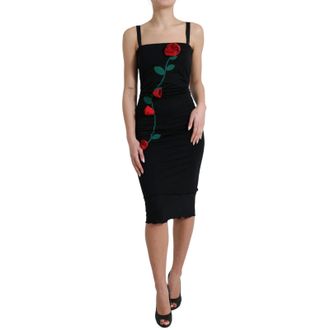 Dolce & Gabbana Black Wool Sleeveless Rose Applique Womens Dress