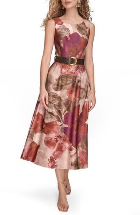 DKNY Floral Print Belted Midi Dress in Red at Nordstrom, Size 4