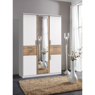 Wimex home24 Wimex Drehtürenschrank Koblenz II Weiß/Plankeneiche Dekor mit Spiegel 135x199x58 cm (BxHxT) 5-türig Spanplatte Modern