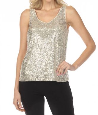 Joseph Ribkoff Sequined V-Neck Sleeveless Top In Silver/nude