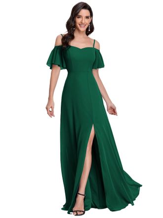 Ever-pretty Womens Ruffles One Shoulder Short Sleeve Empire Waist A Line Chiffon Long Mother of The Groo Dresses with Side Slit Dark Green 26UK