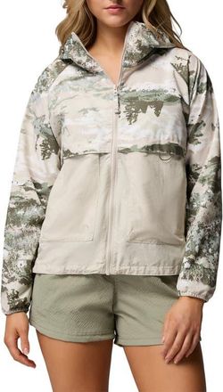 Columbia Spire Valley Print Water Repellent Windbreaker in Safari Fieldaze Print/Stone at Nordstrom, Size Xx-Large