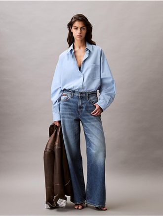 Calvin Klein Womens Viscose Blend Relaxed Button-Down Shirt - Blue - L