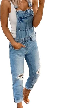 Generic Womens Casual Stretch Adjustable Denim Bib Overalls Jeans Jumpsuits Loose Fit Cropped Pants Distressed with Pocket, Light Blue, XL