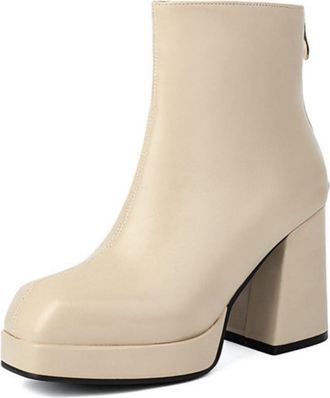 Generic Womens Square Toe Platform Block Heel Ankle Boots with Side Zipper, Minimalist Versatile Style,Apricot,6.5 UK