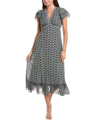 Max Studio V-Neck Ruffle Sleeve & Hem Midi Dress