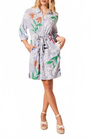 Tribal Water Print Tie-Waist Mini Dress With Pockets In Blue