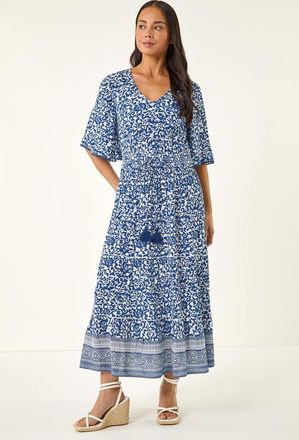 Roman Print Tassel Tie Waist Midi Dress