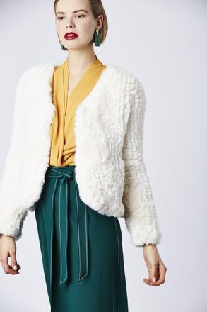 JayLey Womens Hand Knitted V-Neck Faux Fur Coat - Cream - One Size