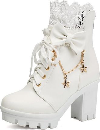 Generic Womens Platform Round Toe Elegant Lace Ankle Combat Boots Sweet Cute Bow Lolita Shoes with Back Zipper (White,7.5)