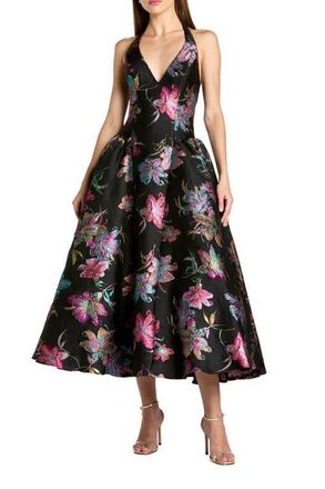 Mac Duggal Floral Brocade Halter Neck Open Back Midi Dress in Black Multi at Nordstrom, Size 14