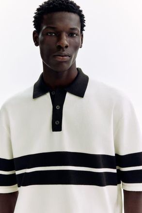 H&M Loose Fit Knitted Polo Shirt in White/black at Nordstrom, Size Medium