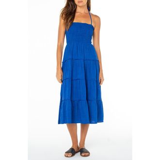 Roxy Ellie Smocked Midi Sundress in Surf The Web Solid at Nordstrom, Size Xx-Large