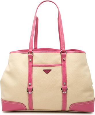 Prada Pre-owned Prada Studded Leather Trimmed Canvas Front Pocket Tote Ladies JC55XS320O96RG7Q