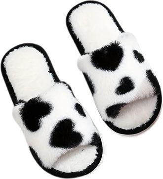 Generic Ladies Slippers Cozy Open Toe Indoor Shoes Soft Fleece Comfortable Loafers For Home Wear Heart Pattern Design Slippers For Women(Black, 5-6)