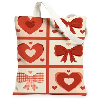 Generic ValentineS Day Hearts Canvas Tote Bags, Cute Bow Patterns Reusable Grocery Bags, Lightweight Washable Shoulder Strap, Red, 13x15 Inch