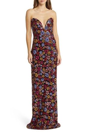 Marchesa Sequin Bouquets Strapless Column Gown in Black Multi at Nordstrom, Size 2