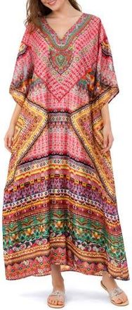 Ranee&rsquo;s Print V-Neck Maxi Caftan in Pink at Nordstrom Rack