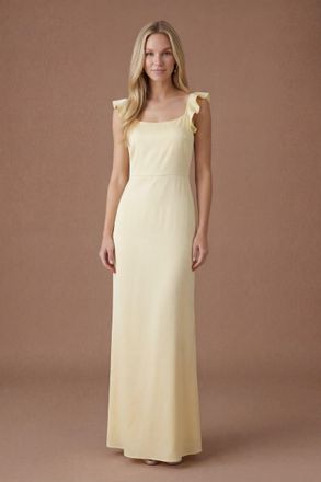 Oasis Womens Butter Yellow Ruffle Square Neck Satin Bridesmaid Maxi Dress - Size 12 UK