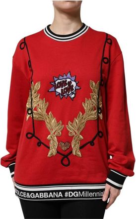 Dolce & Gabbana Rode Pailletten Pullover Sweater - Dames - Ronde hals truien - Rood - S - Pailletten - Truien & Vesten