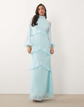Daska Vestito lungo accollato in chiffon blu tenue con volant a balze-Rosa