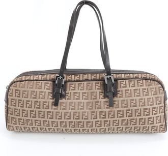 Fendi Brown Zucchino Leather Canvas Handbag Shoulder Bag Tote Bag (Pre-Owned)