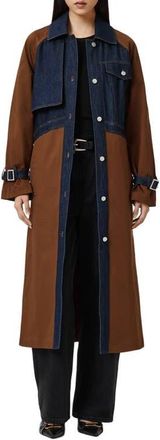AllSaints Dayly Tie Waist Denim Accent Trench Coat in Cognac Brown at Nordstrom, Size 10 Us