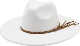 Generic Wide Brim Fedora Hat - Wool Felt Panama Cap - One Size Unisex Women Men - Braided Leather Band - Fedora Sun Hat White