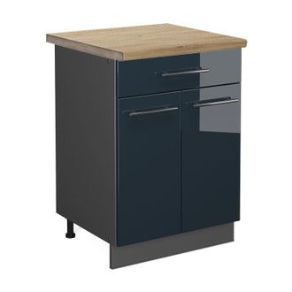 Vicco Mueble Bajo De Cocina Fame-line, Azul Oscuro Alto Brillo, 60 Cm Con Caj&oacute;n, Et Roble, Vicco