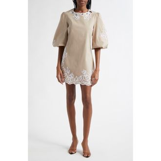 Cinq &agrave; Sept Trailing Peonies Aura Cotton Dress in Khaki/White at Nordstrom Rack, Size 0