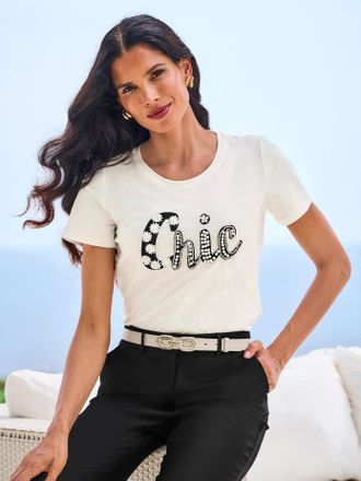 Heine T-Shirt HEINE T-Shirt, Damen, Gr. 34, ecru, 95% Baumwolle, 5% Elasthan, gemustert, unifarben, Rundhals, Shirts T-Shirt