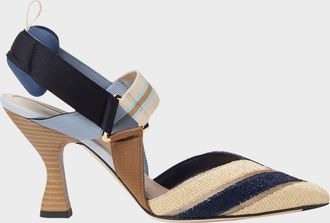 Fendi 85mm Colibri Mixed-Media Raffia Slingback Pumps