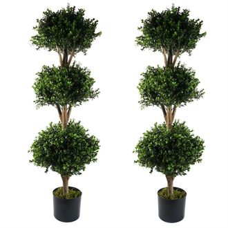 Leaf 120cm Pair of Buxus Triple Ball Artificial Tree UV Resistant Outdoor Topiary in Green
