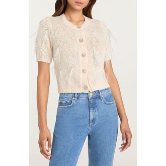 Cinq &agrave; Sept Coralie Embellished Short Sleeve Cardigan in Natural/Sequin at Nordstrom, Size Xx-Small
