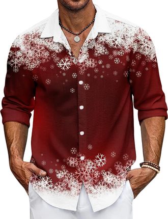 Generic Mens Christmas Shirt Xmas Holiday Party Dress Shirts Long Sleeve Snow Print Christmas Tree Shirt (UK, Alpha, XXL, Regular, Regular, 4)