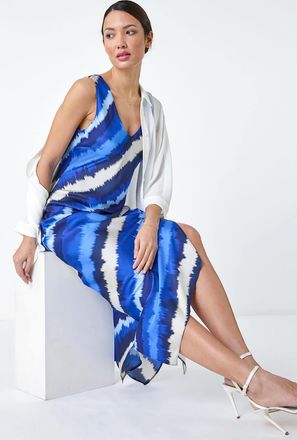 Roman Stripe Print Satin Bodycon Midi Slip Dress