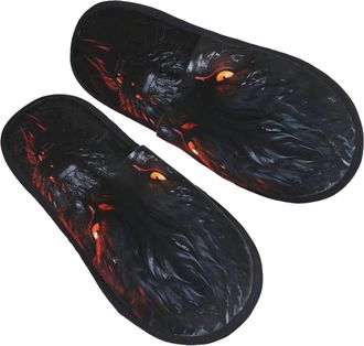 Generic Cotton Slippers Big Black Wolf With Red Eyes Lightweight Sliders Warm Slippers For Hotel Big Kid Winter M