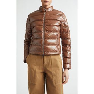 Moncler Papillon Crop Lacquered Nylon Puffer Jacket in Brown at Nordstrom, Size 5