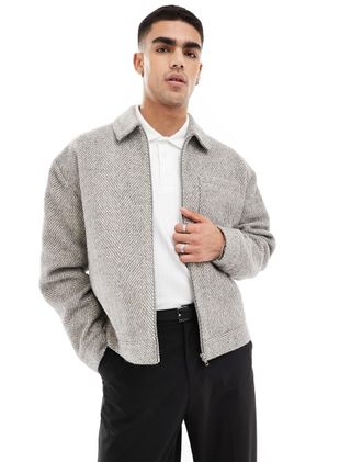Asos oversized wool look harrington jacket with herringbone in grey-Gray