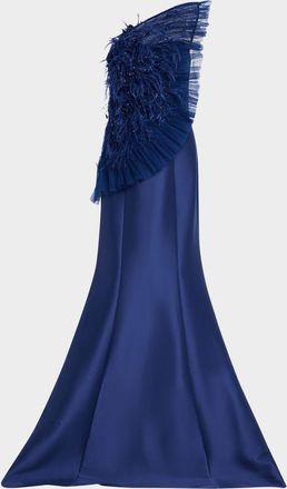 Badgley Mischka Strapless Feather Ruffle Trumpet Gown